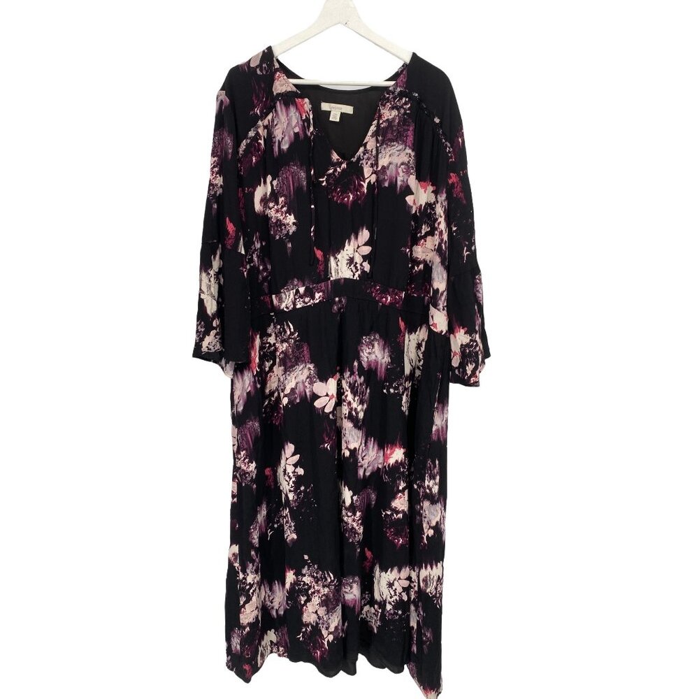 Sejure Black Purple Printed Floral Maxi Dress Boho 22W Bell Sleeves